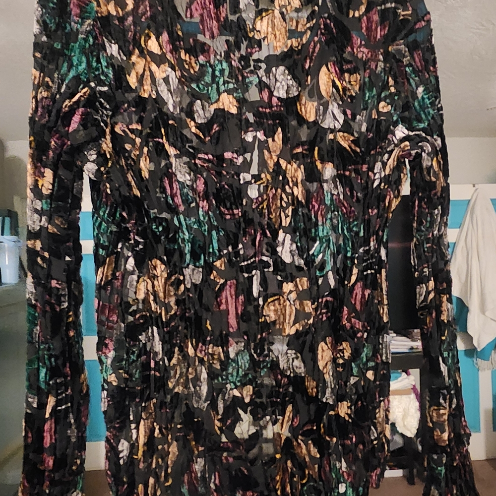 Black Long-Sleeve Floral Blouse with Metallic Accents